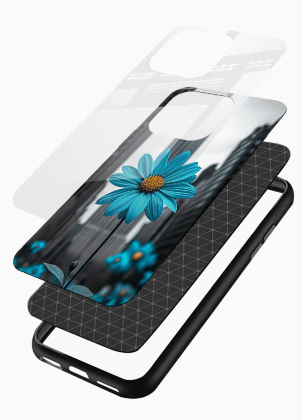 Blue daisy artwork on glossy vibrant premium glass back cover with bold modern floral styling. - Angle Layers