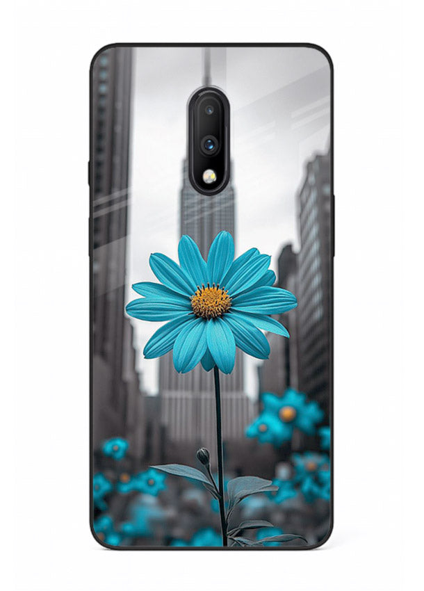 Blue daisy artwork on OnePlus 7 glass back cover with bold modern floral styling.
