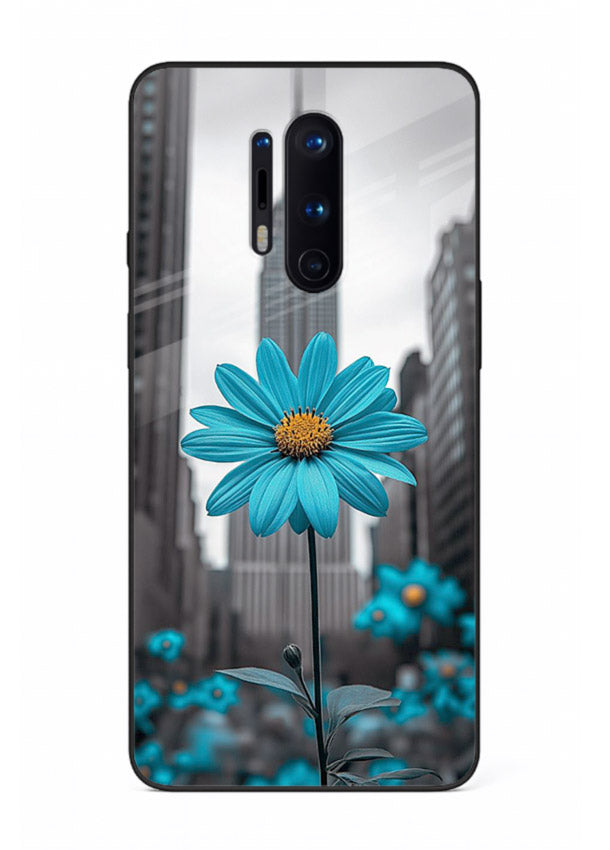 Blue daisy artwork on OnePlus 8 Pro glass back cover with bold modern floral styling.