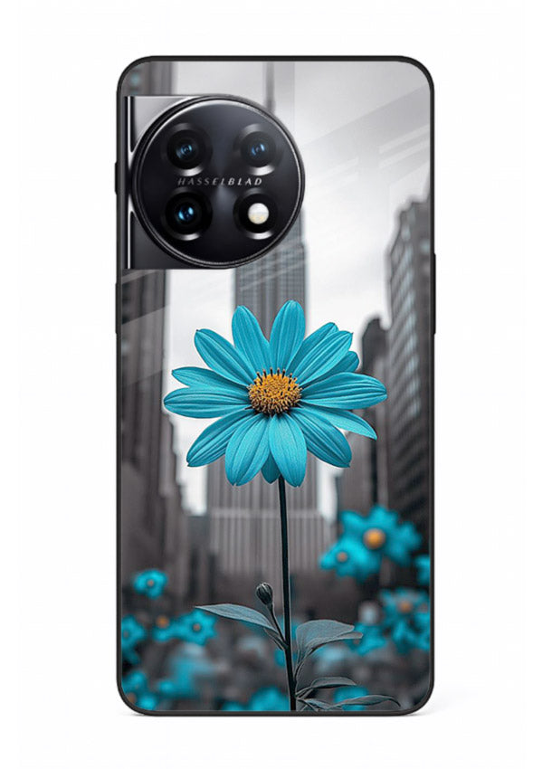 Blue daisy artwork on OnePlus 11 glass back cover with bold modern floral styling.
