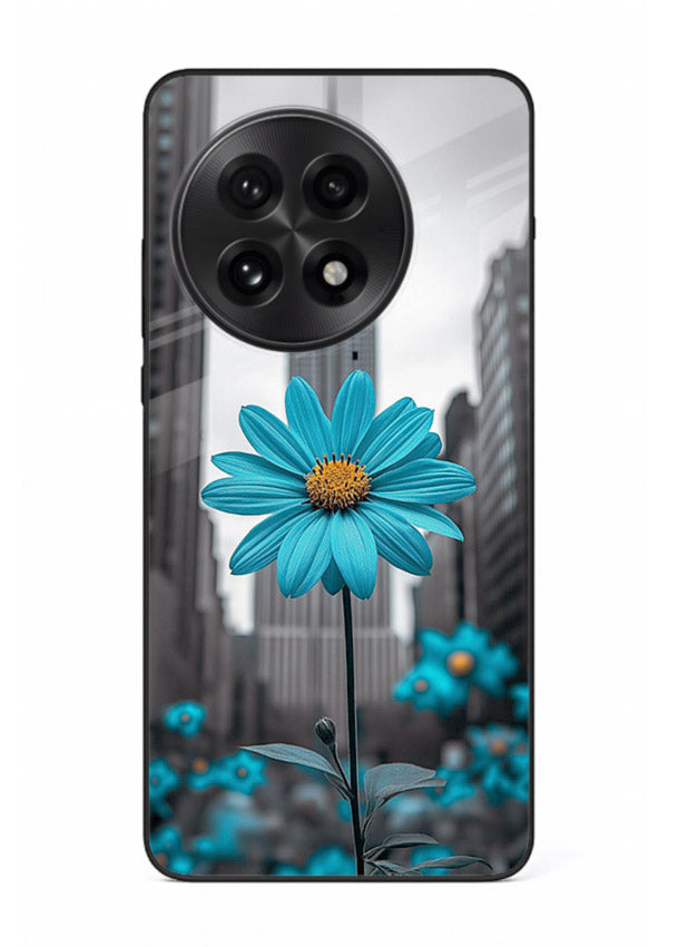 Blue daisy artwork on OnePlus 13 glass back cover with bold modern floral styling.