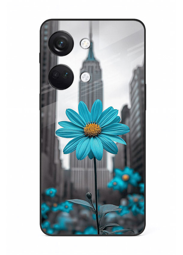 Blue daisy artwork on OnePlus Nord 3 glass back cover with bold modern floral styling.