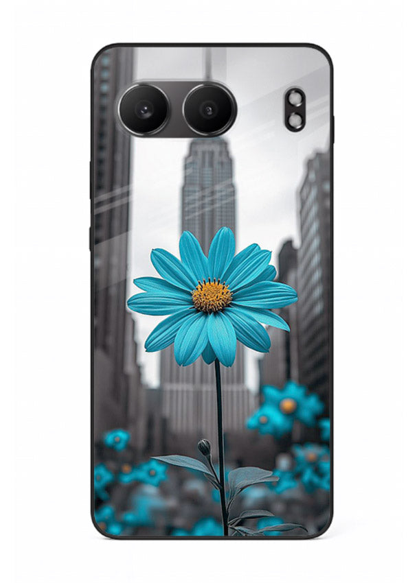 Blue daisy artwork on OnePlus Nord 4 glass back cover with bold modern floral styling.