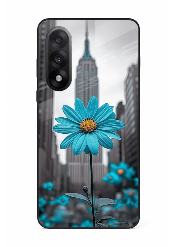 Blue daisy artwork on OnePlus Nord 5 glass back cover with bold modern floral styling.