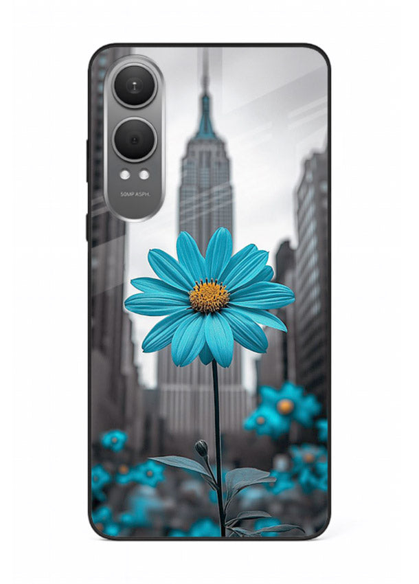 Blue daisy artwork on OnePlus Nord CE4 Lite glass back cover with bold modern floral styling.