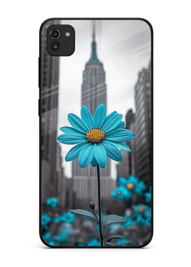 Blue daisy artwork on Samsung A03 glass back cover with bold modern floral styling.