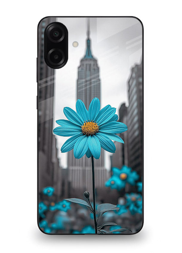 Blue daisy artwork on Samsung M13 5G glass back cover with bold modern floral styling.