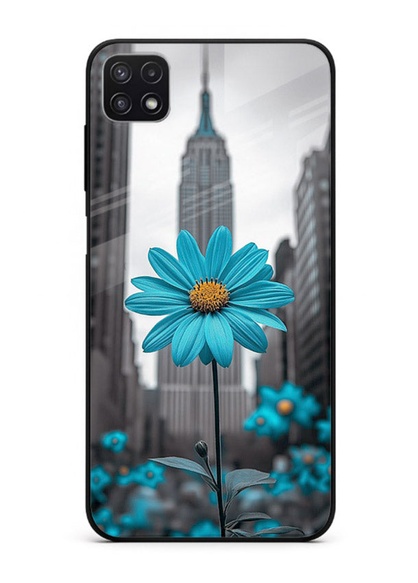 Blue daisy artwork on Samsung F42 5G glass back cover with bold modern floral styling.