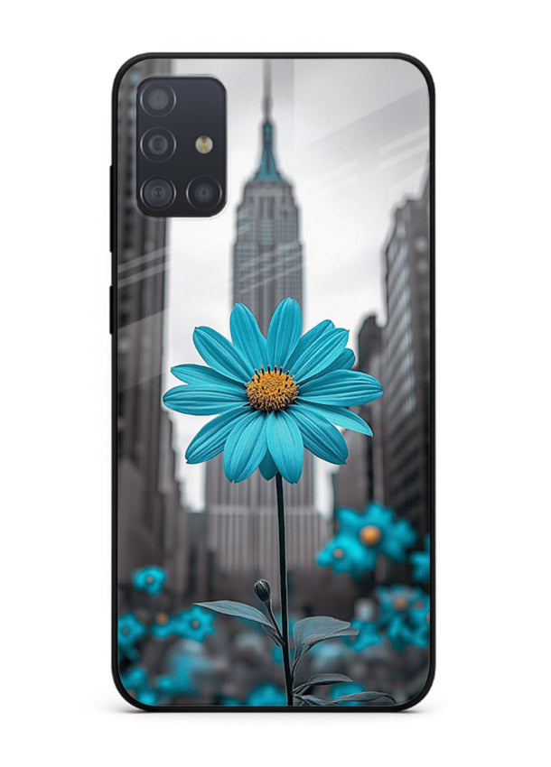 Blue daisy artwork on Samsung A71 glass back cover with bold modern floral styling.