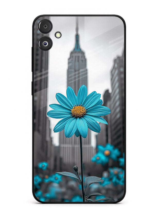 Blue daisy artwork on Samsung F14 5G glass back cover with bold modern floral styling.