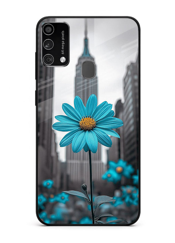 Blue daisy artwork on Samsung F41 glass back cover with bold modern floral styling.