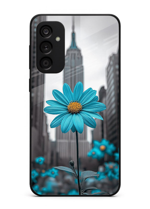 Blue daisy artwork on Samsung A04s 5G glass back cover with bold modern floral styling.