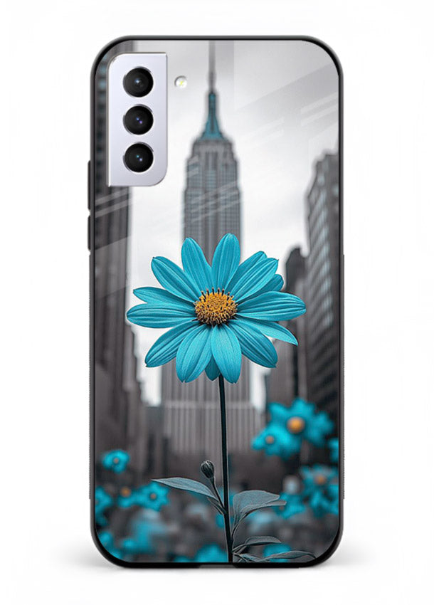 Blue daisy artwork on Samsung S21 Plus glass back cover with bold modern floral styling.