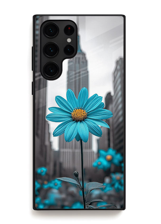 Blue daisy artwork on Samsung S24 Ultra glass back cover with bold modern floral styling.