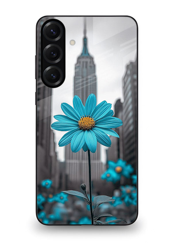 Blue daisy artwork on Samsung A25 5G glass back cover with bold modern floral styling.