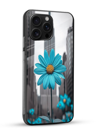 Blue daisy artwork on glossy vibrant premium glass back cover with bold modern floral styling. - Angle Side