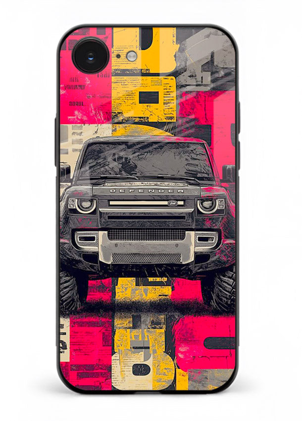 Rugged offroad SUV artwork printed on premium tempered glass iPhone 16E back cover