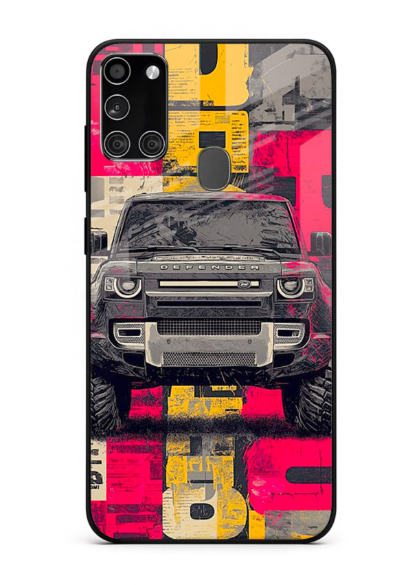 Rugged offroad SUV artwork printed on premium tempered glass Samsung A21s back cover