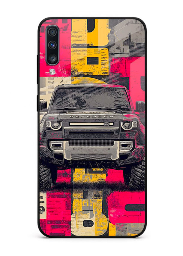 Rugged offroad SUV artwork printed on premium tempered glass Samsung A70 back cover