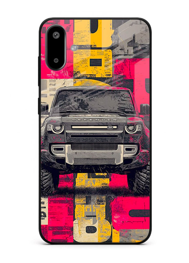 Rugged offroad SUV artwork printed on premium tempered glass Samsung F06 5G back cover