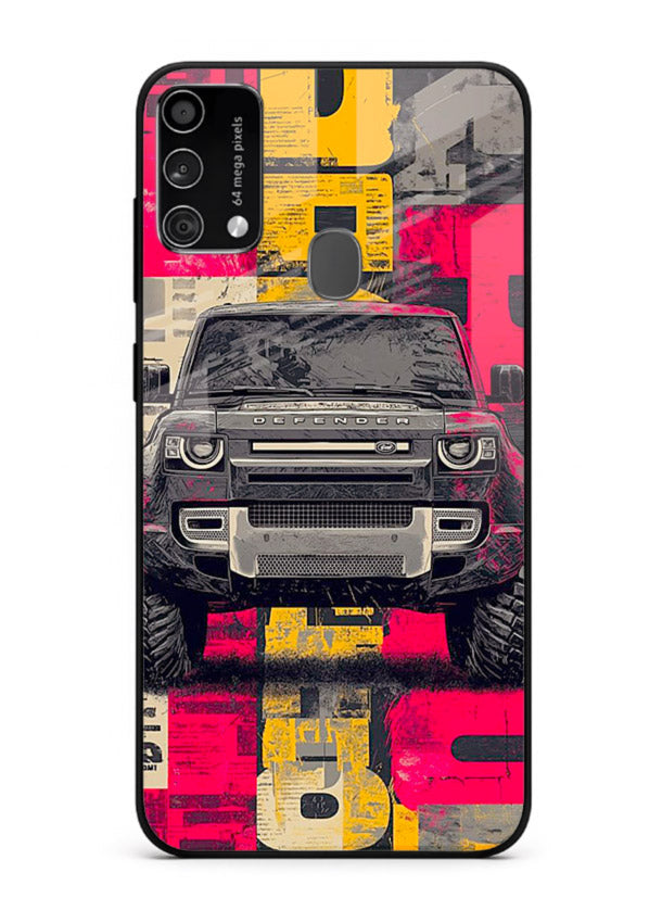 Rugged offroad SUV artwork printed on premium tempered glass Samsung F41 back cover