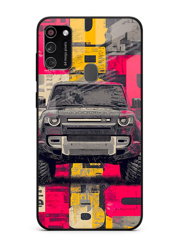 Rugged offroad SUV artwork printed on premium tempered glass Samsung M21 back cover