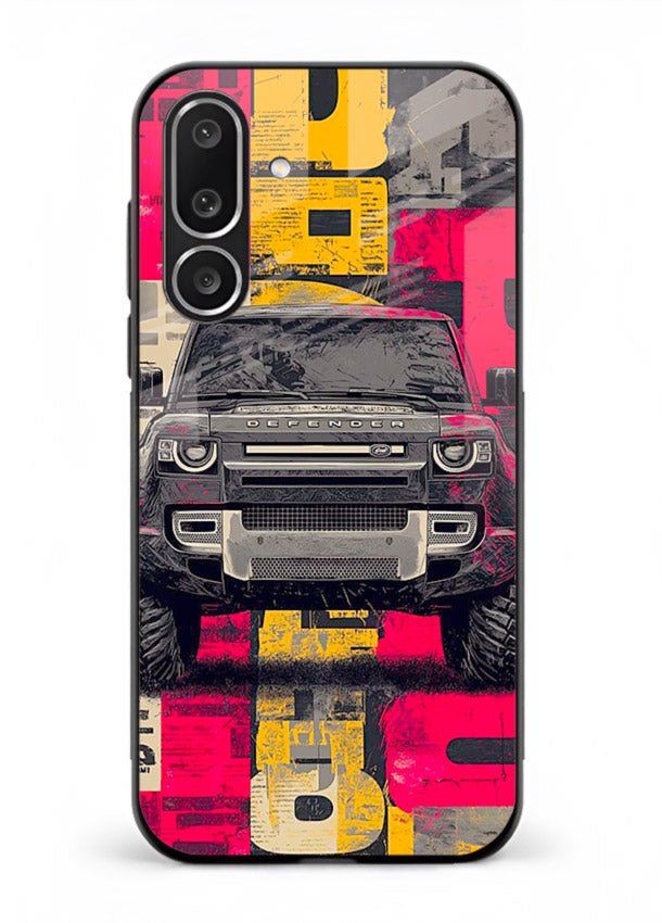 Rugged offroad SUV artwork printed on premium tempered glass Samsung M36 5G back cover
