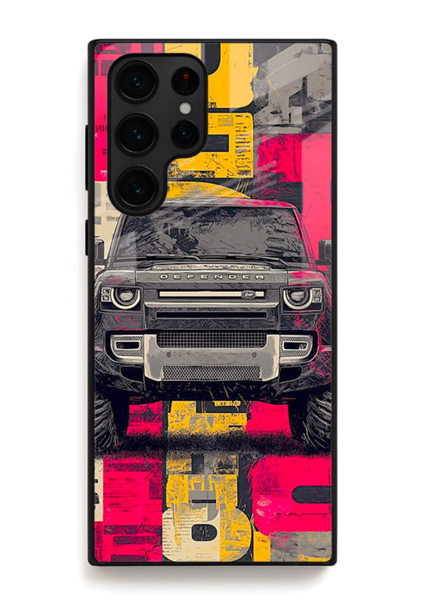 Rugged offroad SUV artwork printed on premium tempered glass Samsung S25 Ultra back cover