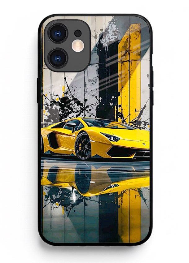 Yellow supercar design on premium tempered glass iPhone 11 back cover