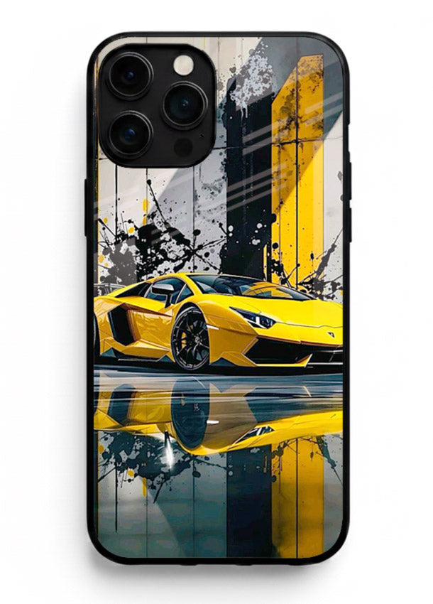 Yellow supercar design on premium tempered glass iPhone 11 Pro Max back cover