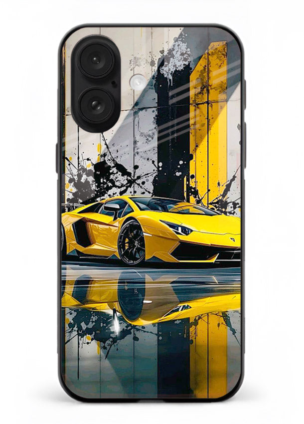 Yellow supercar design on premium tempered glass iPhone 18 back cover