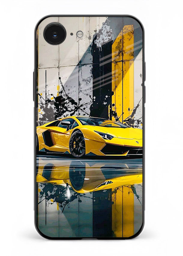 Yellow supercar design on premium tempered glass iPhone 16E back cover