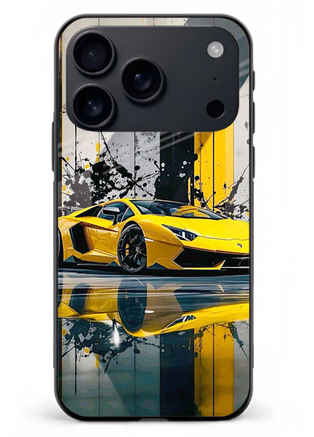 Yellow supercar design on premium tempered glass iPhone 18 Pro Max back cover