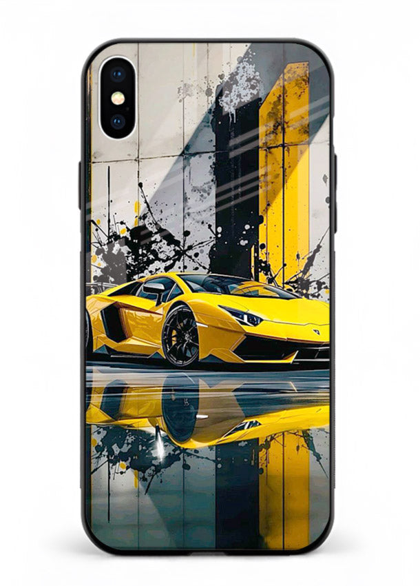 Yellow supercar design on premium tempered glass iPhone XS Max back cover