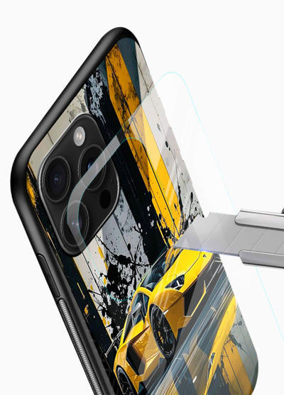 Yellow supercar design on premium tempered glass phone back cover - 4