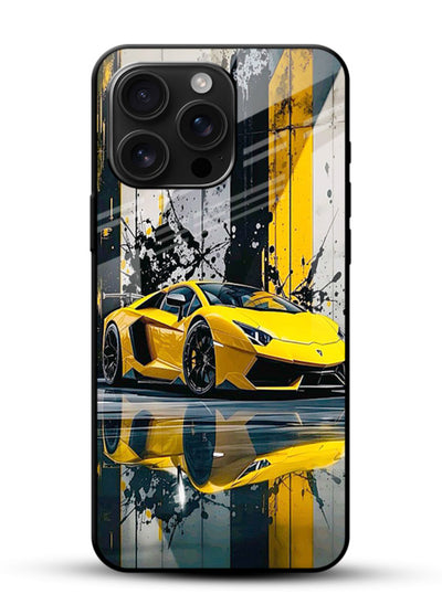 Yellow supercar design on premium tempered glass phone back cover - 1