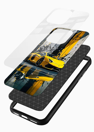Yellow supercar design on premium tempered glass phone back cover - 3