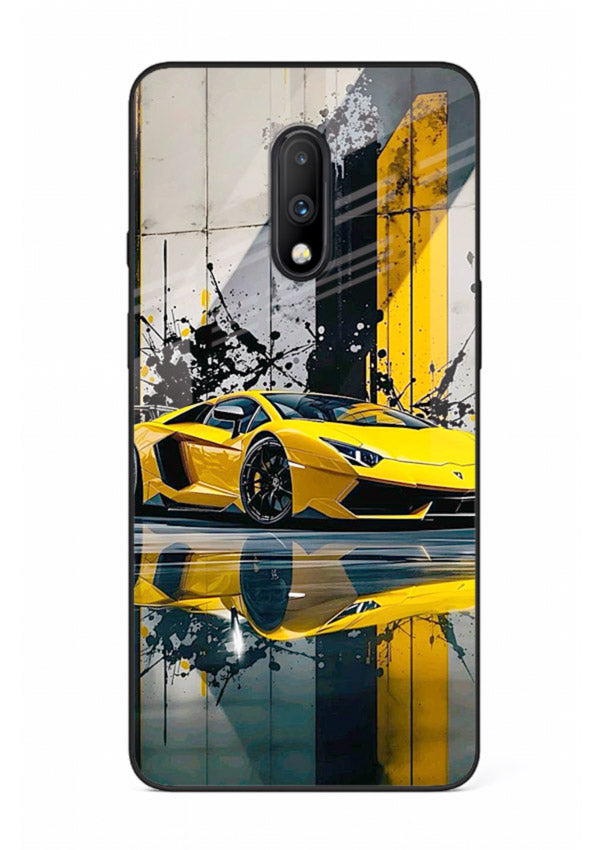 Yellow supercar design on premium tempered glass OnePlus 7 back cover