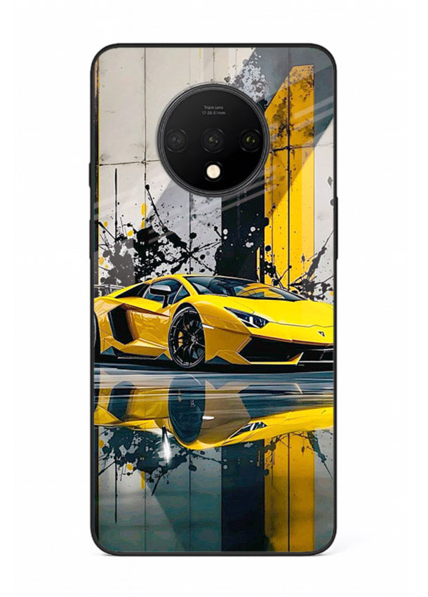 Yellow supercar design on premium tempered glass OnePlus 7T back cover