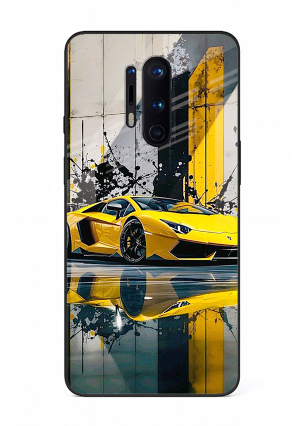 Yellow supercar design on premium tempered glass OnePlus 8 Pro back cover