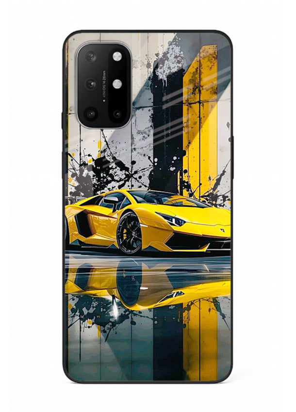 Yellow supercar design on premium tempered glass OnePlus 8T back cover