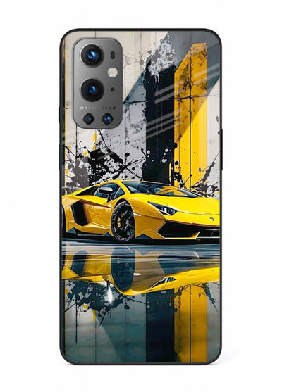 Yellow supercar design on premium tempered glass OnePlus 9 back cover