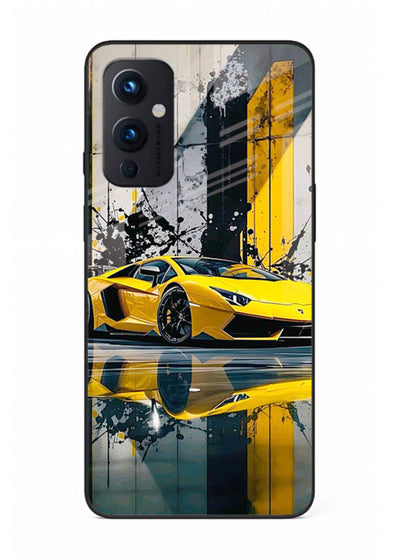 Yellow supercar design on premium tempered glass OnePlus 9 Pro back cover