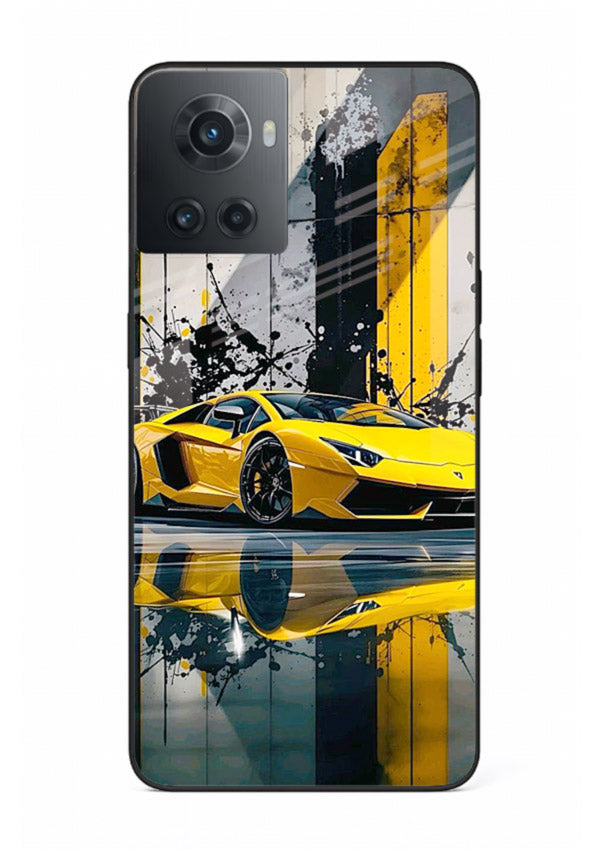 Yellow supercar design on premium tempered glass OnePlus 10R back cover