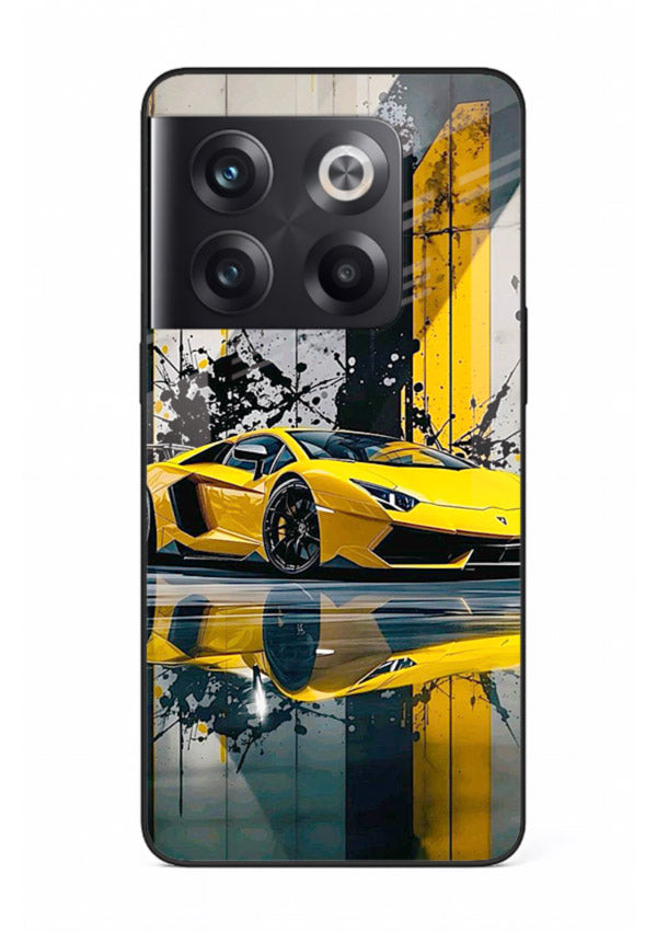 Yellow supercar design on premium tempered glass OnePlus 10T back cover