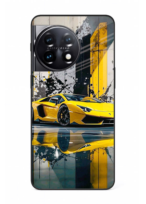 Yellow supercar design on premium tempered glass OnePlus 11 back cover