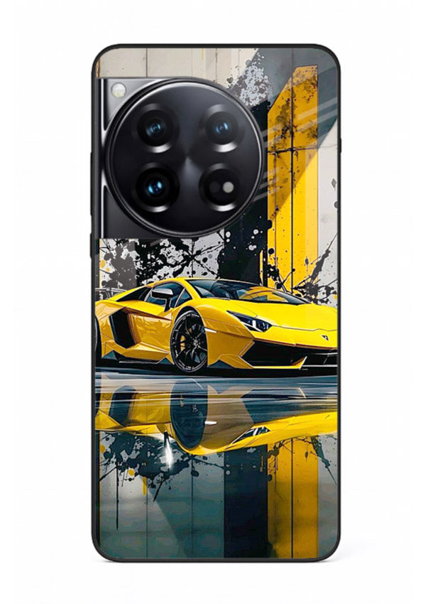 Yellow supercar design on premium tempered glass OnePlus 12 back cover