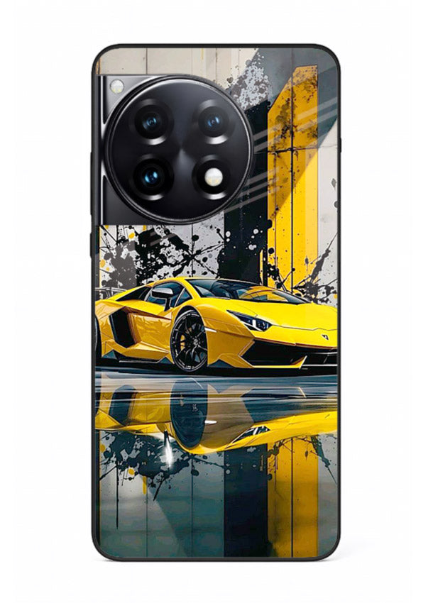 Yellow supercar design on premium tempered glass OnePlus 12R back cover