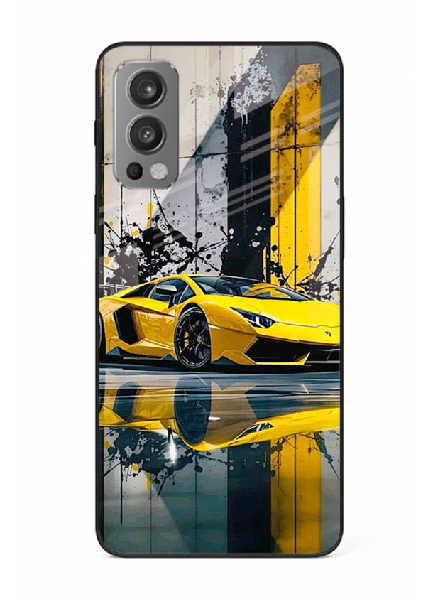 Yellow supercar design on premium tempered glass OnePlus Nord 2 back cover