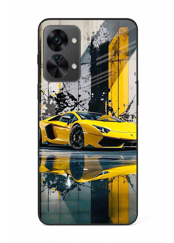 Yellow supercar design on premium tempered glass OnePlus Nord 2T back cover